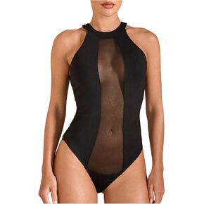 OYOANGLE Women's Sheer Sleeveless Halter Bodysuit Party Going Out Body Suits Leotard Tops