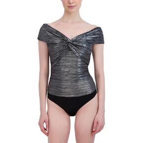 BCBGMAXAZRIA womens Fitted Off the Shoulder Short Sleeve Bodysuit Twist Knot Pleated Foiled Knit Snap Closure One Piece