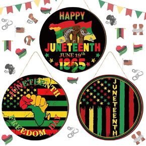 Blosssound 3 Pcs 12 Inch Juneteenth Wooden Door Sign Africa America Outdoor Decorations June 19th Freedom Memorial Independence Day Hanging Ornament Plaque for Home Front Door Holiday Decor