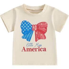 Kids Toddler Girls 4th of July T-Shirt Coquette Bowknot Patriotic USA American Flag Independence Day Top