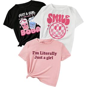 SweatyRocks Girl's 3 Pack Cute Letter Graphic T Shirt Crewneck Short Sleeve Summer Casual Tee Shirt