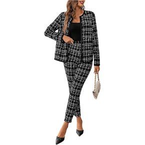 SOLY HUX Women's 2 Piece Outfit Plaid Open Front Long Sleeve Blazer and Pants Work Office Set