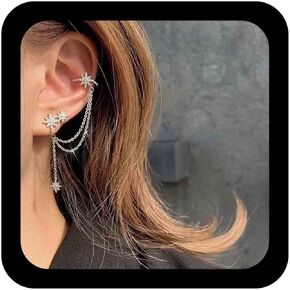 Vintage Crystal North Star Earrings Star Chain Ear Cuff Dangle Earrings Rhinestone Star Dangle Earrings CZ Silver Star Chain Drop Earrings Jewelry