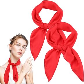 Red Bandana Scarf, 2pcs 27.5" Square Head Wrap Solid Color Neck Scarves Chiffon Fashion Versatile for Women Accessory