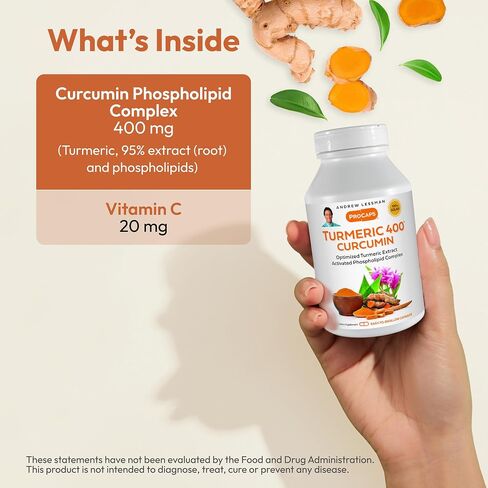 ANDREW LESSMAN Turmeric 400-240 Capsules – 95% Curcuminoids as Phospholipid Complex for Optimum Benefits and Greater Absorption, High Potency Standardized Extract, Small Easy to Swallow Capsules in Saudi Arabia