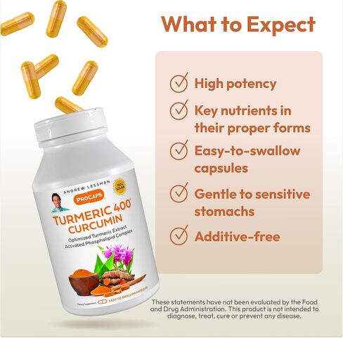 ANDREW LESSMAN Turmeric 400-240 Capsules – 95% Curcuminoids as Phospholipid Complex for Optimum Benefits and Greater Absorption, High Potency Standardized Extract, Small Easy to Swallow Capsules in Saudi Arabia