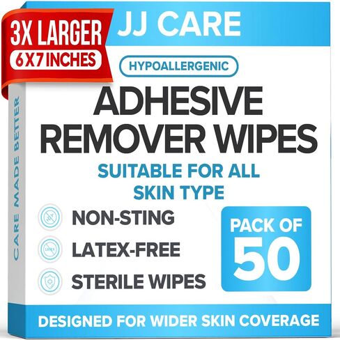 JJ CARE Adhesive Remover Wipes [Pack of 50] 6"x7" Large Stoma Wipes - Medical Adhesive Remover Wipes - Sting Free Adhesive Remover Wipes for Skin Ostomy, Colostomy Devices, Dressings and Medical Tapes in Saudi Arabia