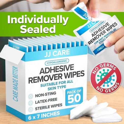 JJ CARE Adhesive Remover Wipes [Pack of 50] 6"x7" Large Stoma Wipes - Medical Adhesive Remover Wipes - Sting Free Adhesive Remover Wipes for Skin Ostomy, Colostomy Devices, Dressings and Medical Tapes in Saudi Arabia