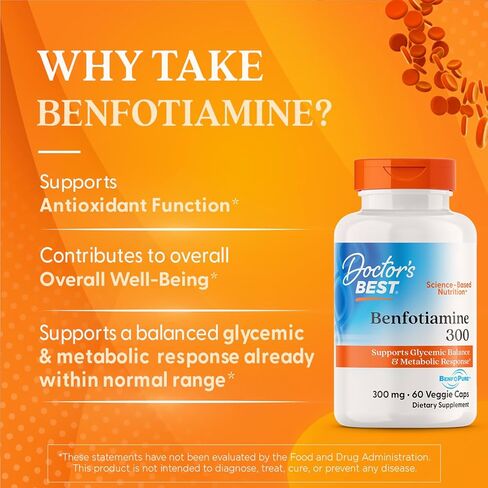 Doctor's Best Benfotiamine 300 with BenfoPure, Helps Maintain Healthy Glucose Metabolism, Non-GMO, Vegan, Gluten Free, Soy Free, 300 mg, 60 Veggie Caps in Saudi Arabia