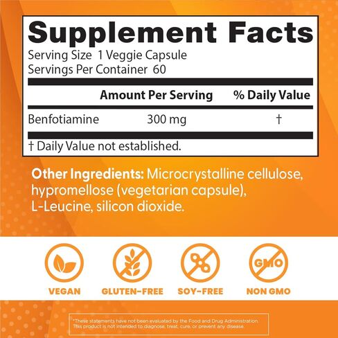 Doctor's Best Benfotiamine 300 with BenfoPure, Helps Maintain Healthy Glucose Metabolism, Non-GMO, Vegan, Gluten Free, Soy Free, 300 mg, 60 Veggie Caps in Saudi Arabia