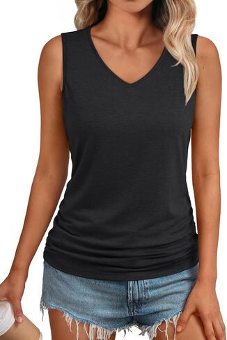 AUTOMET Womens Tank Tops 2025 Sleeveless V Neck Ruched Top Summer Outfits Dressy Casual Shirts Basic Tees Trendy Clothes in Saudi Arabia
