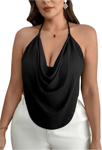 Women's Plus Size Halter Tops for Women Draped Cowl Neck Sleeveless Asymmetrical Crop Low Cut Cami Tops in Kuwait