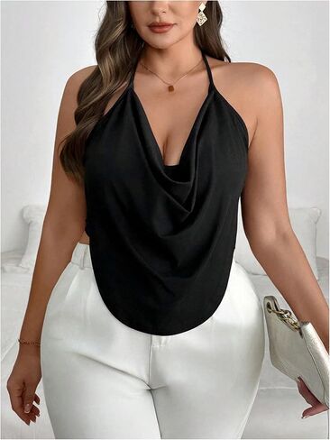 Women's Plus Size Halter Tops for Women Draped Cowl Neck Sleeveless Asymmetrical Crop Low Cut Cami Tops in Kuwait