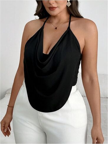 Women's Plus Size Halter Tops for Women Draped Cowl Neck Sleeveless Asymmetrical Crop Low Cut Cami Tops in Kuwait