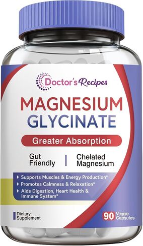 Doctor's Recipes Magnesium Glycinate for Men & Women, 100mg Elemental Mag, 90 Caps, Amino Acid Chelated, High Absorption, Easy on Stomach, Calm, Bone, Muscle, Heart, Energy, Nerve, Sleep, No Gluten in Saudi Arabia