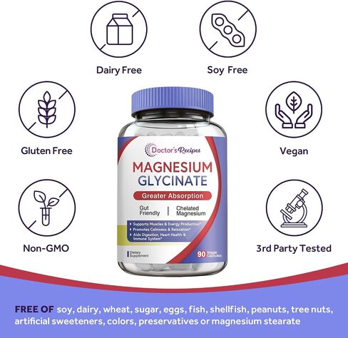 Doctor's Recipes Magnesium Glycinate for Men & Women, 100mg Elemental Mag, 90 Caps, Amino Acid Chelated, High Absorption, Easy on Stomach, Calm, Bone, Muscle, Heart, Energy, Nerve, Sleep, No Gluten in Saudi Arabia