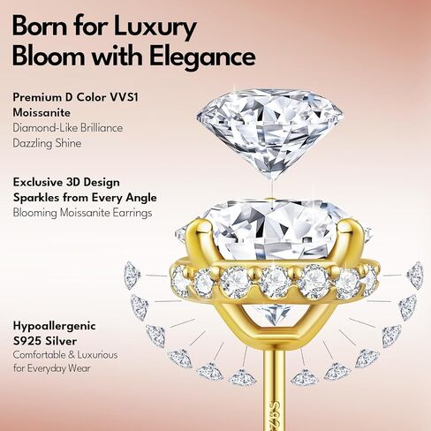 أقراط KRKC Moissanite ، أقراط مسمار الماس الموداء للنساء ، فضية جنيه استرليني مطلية 14 ألفًا ، وتصميم بلوم ، 2 قيراط V VVS1 ، Hypoallergenic ، هدية للزوجة ، أمي ، أمي ، لها in Kuwait