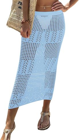 Fisoew Womens Crochet Skirt Cover Up High Waist Sheer Mesh Beach Maxi Skirts Hollow Out Knit Swimsuit Coverups in Saudi Arabia
