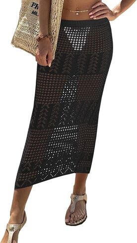 Fisoew Womens Crochet Skirt Cover Up High Waist Sheer Mesh Beach Maxi Skirts Hollow Out Knit Swimsuit Coverups in Saudi Arabia