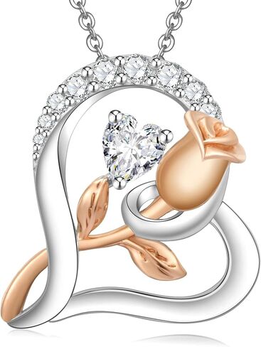 Rose Flower Heart Birthstone Necklaces for Women, 925 Sterling Silver Anniversary Jewelry, Pendant Heart Necklaces Birthday Anniversary Christmas Gift for Women Wife Mom Girlfriend Lady in Kuwait