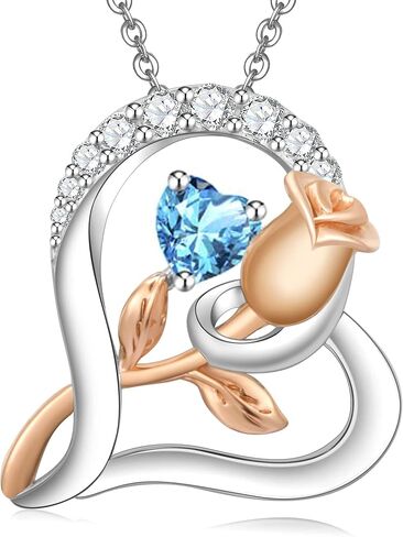 Rose Flower Heart Birthstone Necklaces for Women, 925 Sterling Silver Anniversary Jewelry, Pendant Heart Necklaces Birthday Anniversary Christmas Gift for Women Wife Mom Girlfriend Lady in Kuwait