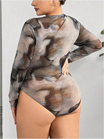 OYOANGLE Women's Plus Size Tie Dye Mesh Sheer Ruched Bodysuits Crew Neck Long Sleeve Slim Fit Leotard Tops in Saudi Arabia