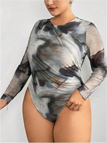 OYOANGLE Women's Plus Size Tie Dye Mesh Sheer Ruched Bodysuits Crew Neck Long Sleeve Slim Fit Leotard Tops in Saudi Arabia