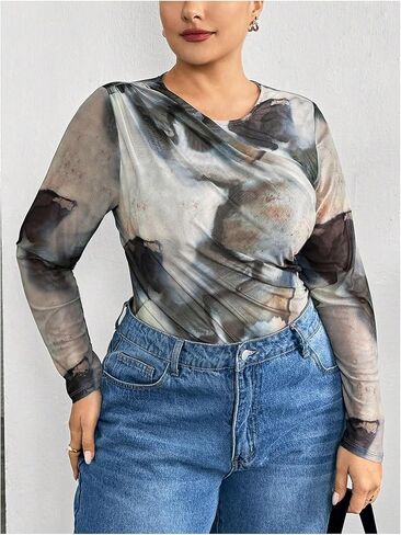 OYOANGLE Women's Plus Size Tie Dye Mesh Sheer Ruched Bodysuits Crew Neck Long Sleeve Slim Fit Leotard Tops in Saudi Arabia