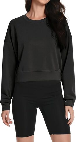 Auriviz Womens Modal Long Sleeve Cropped Sweatshirts Oversized Workout Shirts Crew Neck Pullover Crop Tops in Kuwait