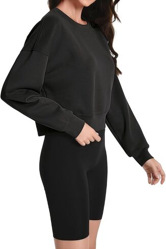 Auriviz Womens Modal Long Sleeve Cropped Sweatshirts Oversized Workout Shirts Crew Neck Pullover Crop Tops in Kuwait