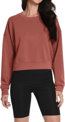 Auriviz Womens Modal Long Sleeve Cropped Sweatshirts Oversized Workout Shirts Crew Neck Pullover Crop Tops in Kuwait