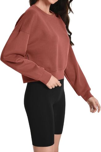 Auriviz Womens Modal Long Sleeve Cropped Sweatshirts Oversized Workout Shirts Crew Neck Pullover Crop Tops in Kuwait