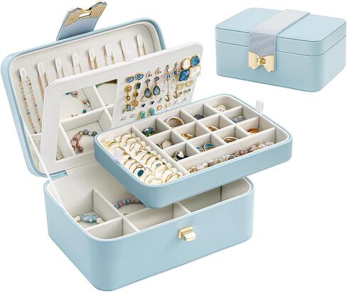 Lolalet 2 Layer Jewelry Box for Teen Girls & Young Women, Jewelry Organizer Case with Bow Clasp and Mirror for Earrings Rings Necklaces Storage, Gift Idea -Blue in Saudi Arabia