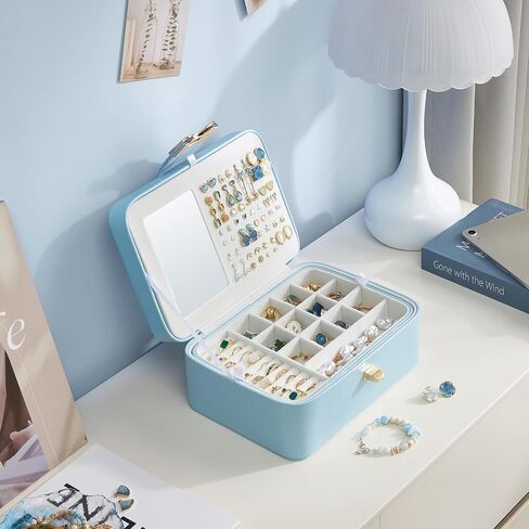 Lolalet 2 Layer Jewelry Box for Teen Girls & Young Women, Jewelry Organizer Case with Bow Clasp and Mirror for Earrings Rings Necklaces Storage, Gift Idea -Blue in Saudi Arabia
