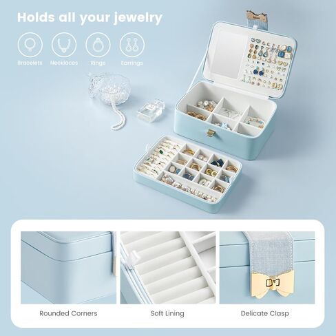 Lolalet 2 Layer Jewelry Box for Teen Girls & Young Women, Jewelry Organizer Case with Bow Clasp and Mirror for Earrings Rings Necklaces Storage, Gift Idea -Blue in Saudi Arabia