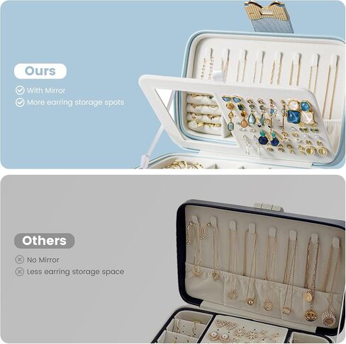 Lolalet 2 Layer Jewelry Box for Teen Girls & Young Women, Jewelry Organizer Case with Bow Clasp and Mirror for Earrings Rings Necklaces Storage, Gift Idea -Blue in Saudi Arabia