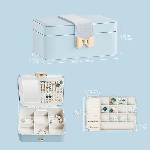 Lolalet 2 Layer Jewelry Box for Teen Girls & Young Women, Jewelry Organizer Case with Bow Clasp and Mirror for Earrings Rings Necklaces Storage, Gift Idea -Blue in Saudi Arabia