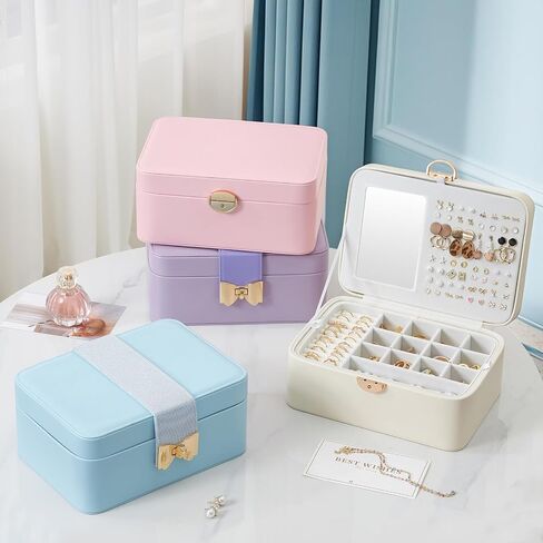 Lolalet 2 Layer Jewelry Box for Teen Girls & Young Women, Jewelry Organizer Case with Bow Clasp and Mirror for Earrings Rings Necklaces Storage, Gift Idea -Blue in Saudi Arabia