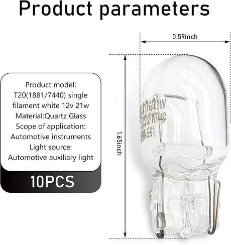 10 PCS Automotive T20 Instrument Indicator Light, 12V Turn Signal Bulb, Quartz Glass Waterproof Housing Monofilament Bulb, Universal for Most Cars (White #7440) in Kuwait