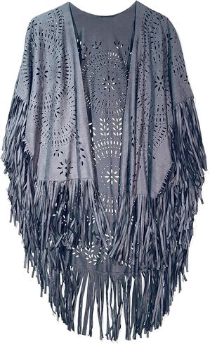 Women’s Faux Suede Fringed Open Front Kimono Style Shawl Wrap One Size in Saudi Arabia