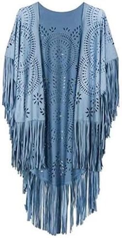Women’s Faux Suede Fringed Open Front Kimono Style Shawl Wrap One Size in Saudi Arabia