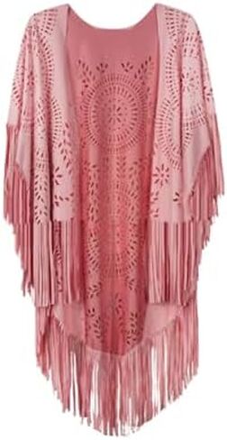 Women’s Faux Suede Fringed Open Front Kimono Style Shawl Wrap One Size in Saudi Arabia