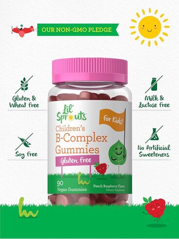 Carlyle Kids B Complex Gummies | 100 Count | Vegan | Natural Peach Raspberry Flavor | Non-GMO, Gluten Free | by Lil Sprouts in Saudi Arabia