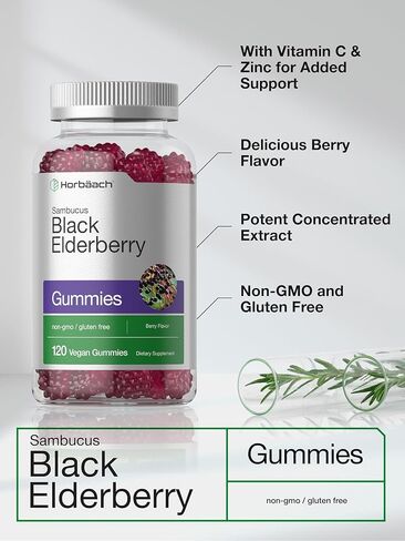 Sambucus Black Elderberry Gummies | 60 Count | with Zinc and Vitamin C | Vegan, Non-GMO, Gluten Free Extract for Adults | Natural Berry Flavor | by Horbaach in Saudi Arabia