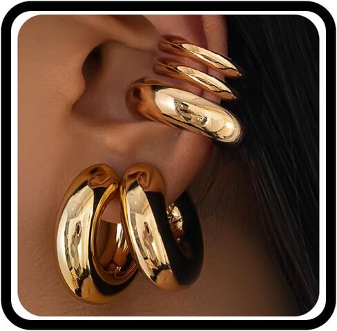 5Pcs Gold Plated Hoop Earrings Set for Women,Chunky Statement High Polish Geometric Cuff Earrings Simple Punk Statement Party Jewerly Gifts in Saudi Arabia
