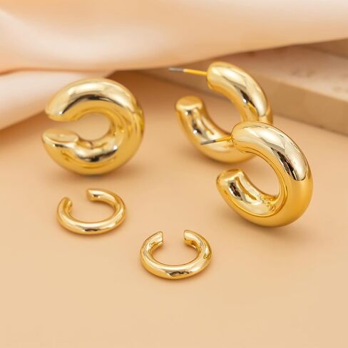 5Pcs Gold Plated Hoop Earrings Set for Women,Chunky Statement High Polish Geometric Cuff Earrings Simple Punk Statement Party Jewerly Gifts in Saudi Arabia