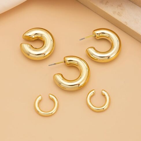 5Pcs Gold Plated Hoop Earrings Set for Women,Chunky Statement High Polish Geometric Cuff Earrings Simple Punk Statement Party Jewerly Gifts in Saudi Arabia