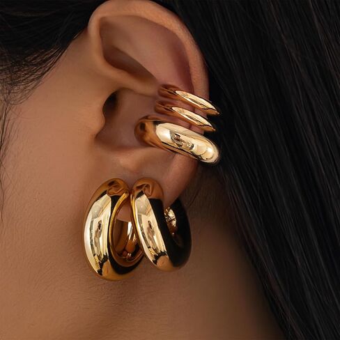 5Pcs Gold Plated Hoop Earrings Set for Women,Chunky Statement High Polish Geometric Cuff Earrings Simple Punk Statement Party Jewerly Gifts in Saudi Arabia