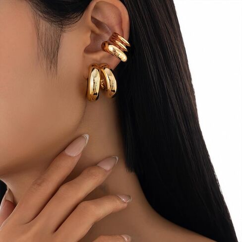 5Pcs Gold Plated Hoop Earrings Set for Women,Chunky Statement High Polish Geometric Cuff Earrings Simple Punk Statement Party Jewerly Gifts in Saudi Arabia