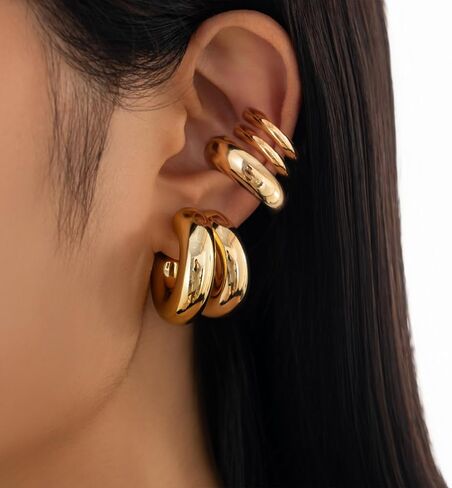 5Pcs Gold Plated Hoop Earrings Set for Women,Chunky Statement High Polish Geometric Cuff Earrings Simple Punk Statement Party Jewerly Gifts in Saudi Arabia